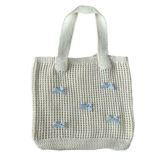 Knitted Handbag with Light Blue Bows