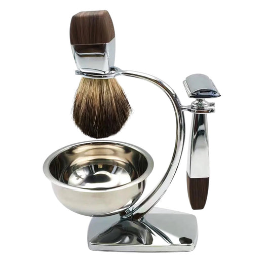 Beard Kit for Gentlemen with Safety Razor, Brush, and Refined Stand