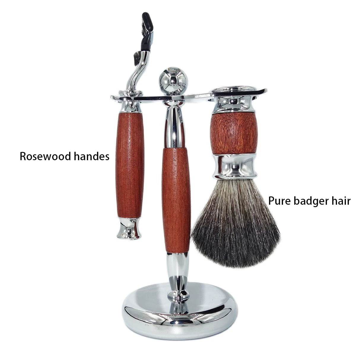 Elegant Shaving Kit in Wood and Chrome Steel with Pure Badger Brush, Precision Razor and Refined Stand