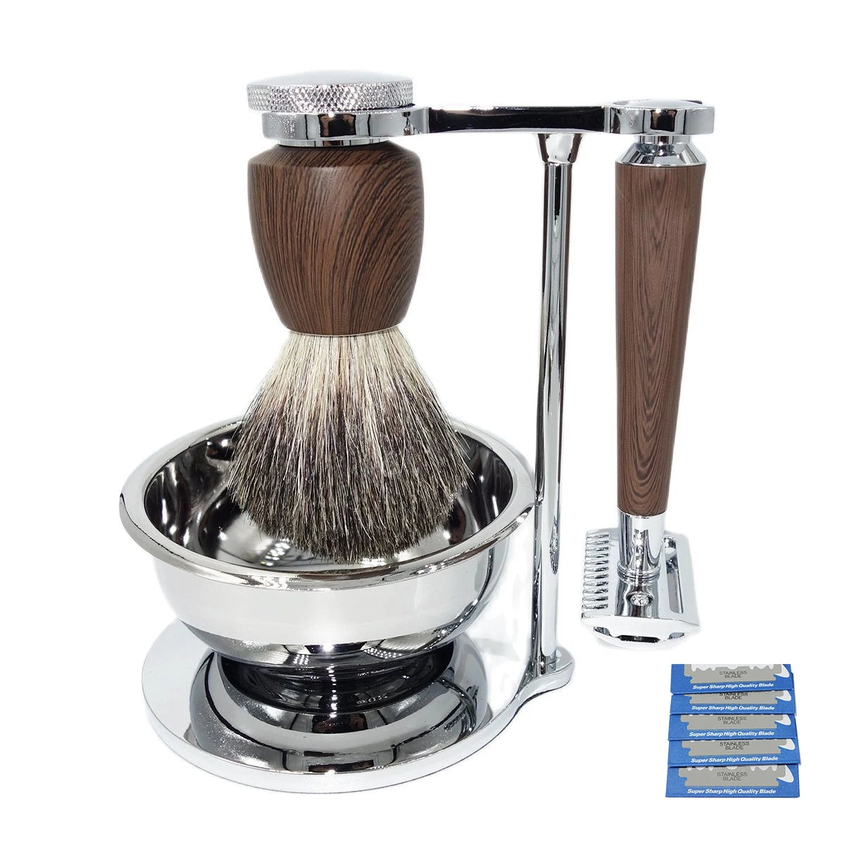 Luxury Traditional Shaving Set with Safety Razor, Brush, Bowl, and Stand