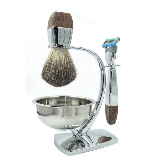 Complete Shaving Set with Multi-Blade Razor, Handcrafted Badger Brush, and Stainless Steel Bowl
