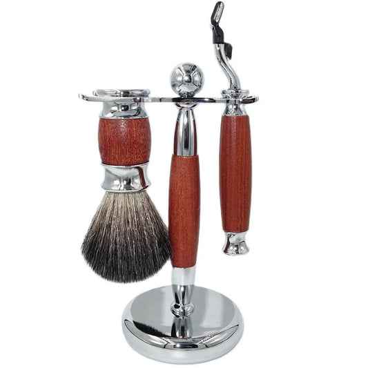 Elegant Shaving Kit in Wood and Chrome Steel with Pure Badger Brush, Precision Razor and Refined Stand