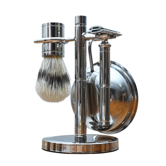 Stainless Steel Safety Razor with Brush and Bowl
