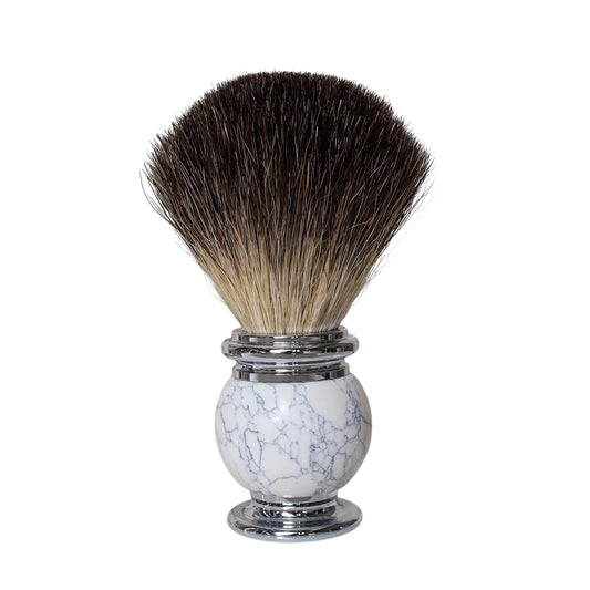 Silver tipped badger shaving brush with white marble handle and chrome finishes