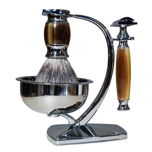 Luxurious Shaving Set in Chrome Steel with Razor, Natural Bristle Brush, and Elegant Stand