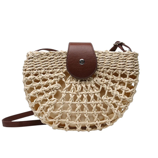 Woven Straw Crossbody Bag with Leather Flap