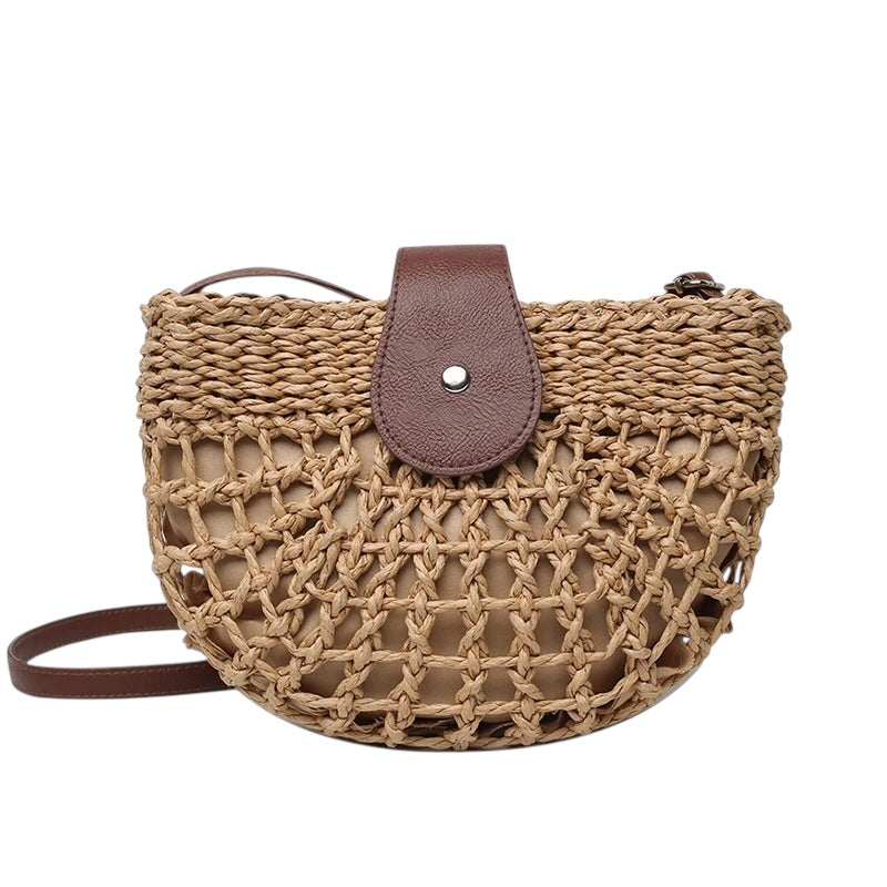 Woven Straw Crossbody Bag with Leather Flap