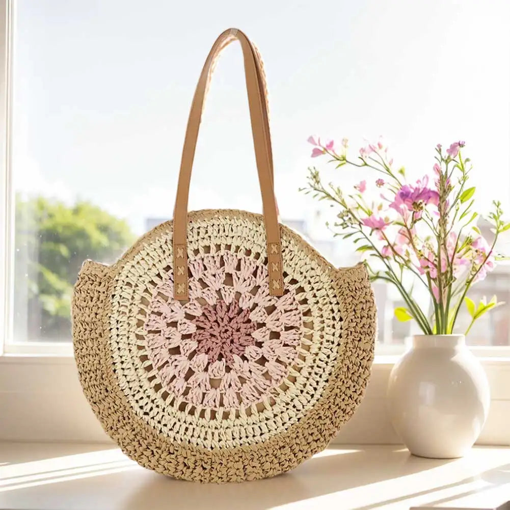 Boho Round Straw Bag with Leather Handles