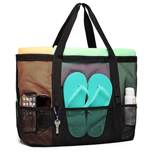 Mesh beach bag with pockets for all your gear