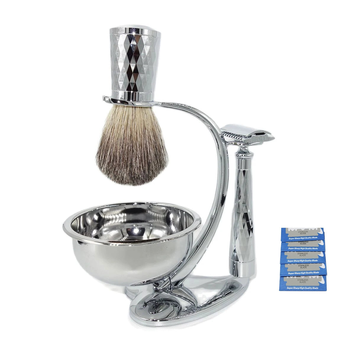 Double Edge Safety Razor with Pure Badger Brush and Stainless Steel Stand