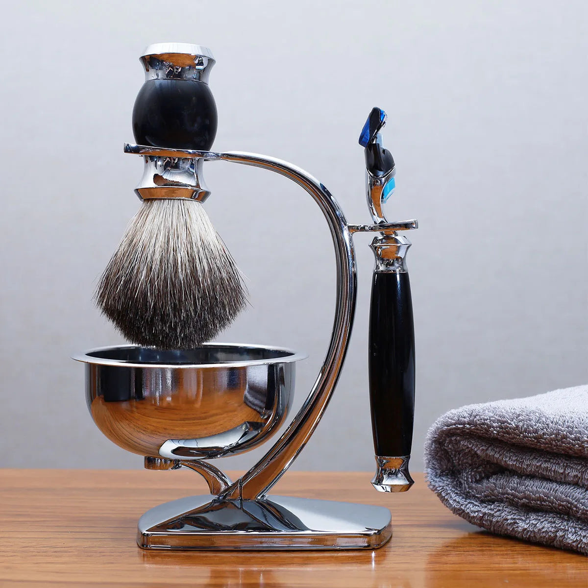 Professional Shaving Kit with Chrome Stand, Badger Hair Brush, Stainless Steel Bowl, and Razor