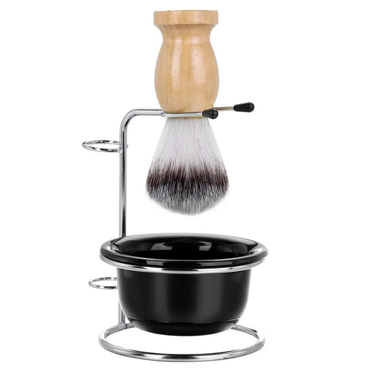 Shaving Brush with Wooden Handle, Stand and Bowl