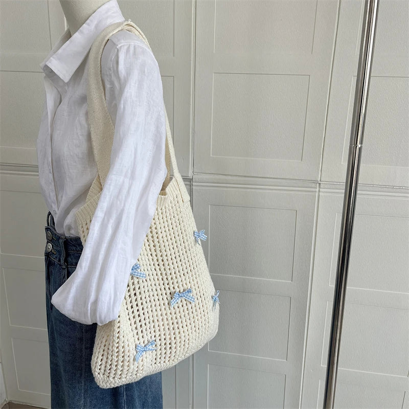 Knitted Handbag with Light Blue Bows