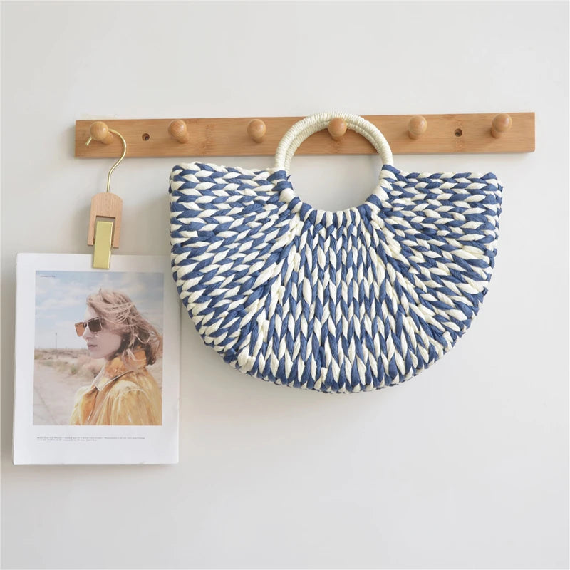 Boho Summer Straw Half-Moon Bag