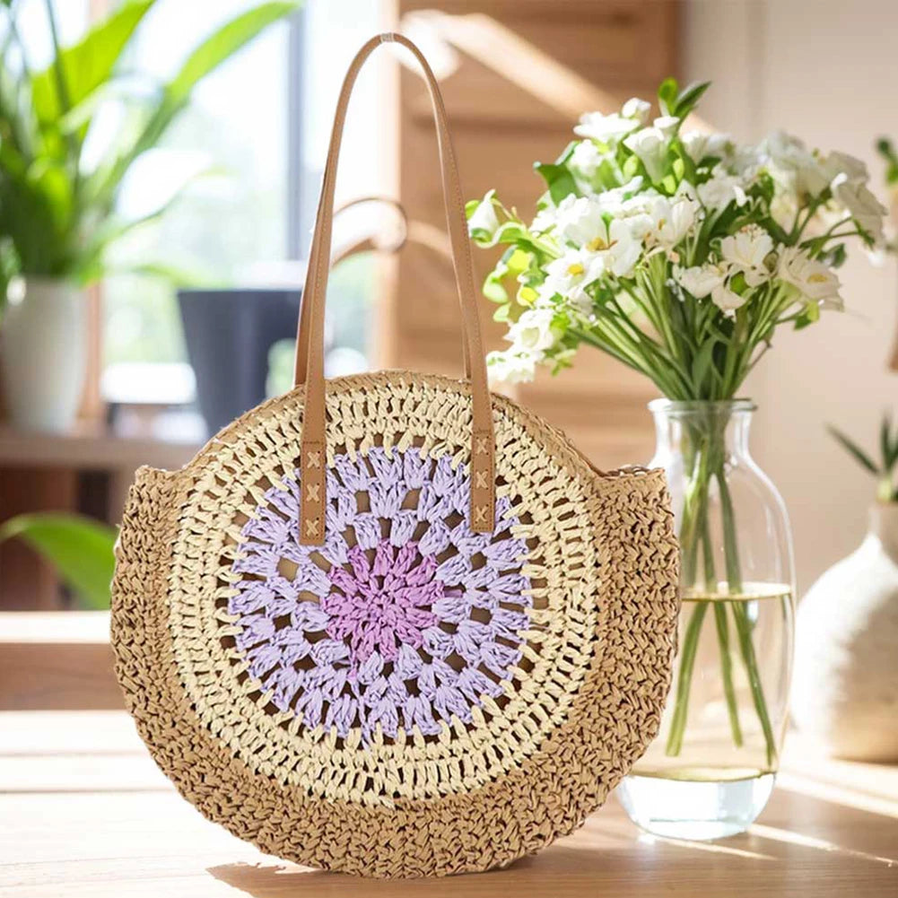 Boho Round Straw Bag with Leather Handles
