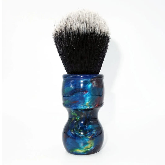 Shaving brush with blue marbled resin handle and soft bristles