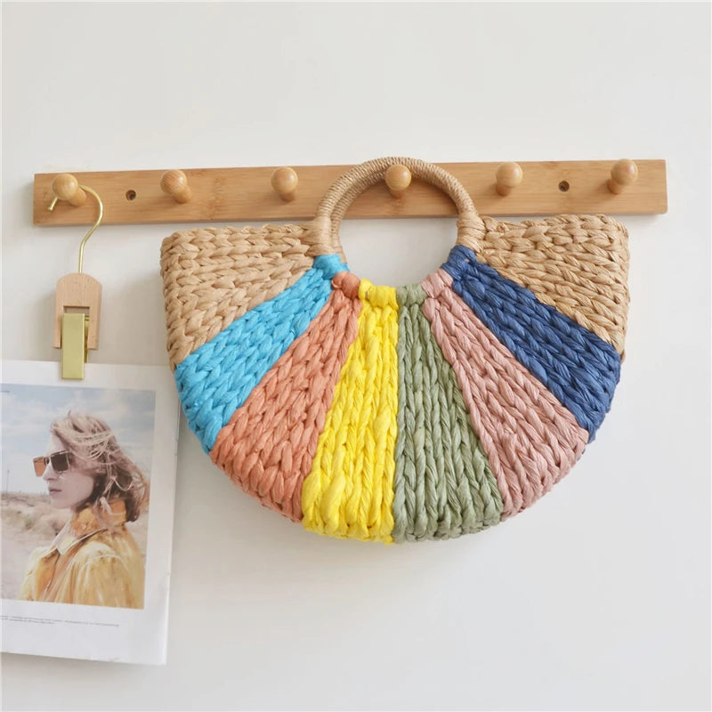 Boho Summer Straw Half-Moon Bag