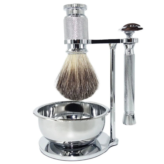 Luxury Shaving Kit with Classic Safety Razor, Precision Brush, and Polished Chrome Stand