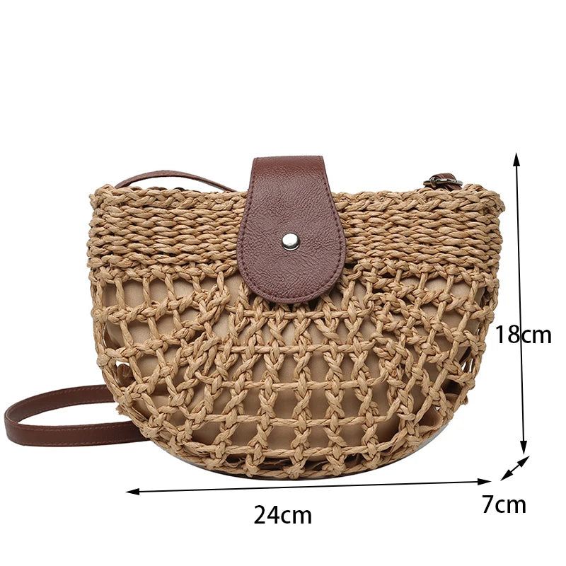 Woven Straw Crossbody Bag with Leather Flap