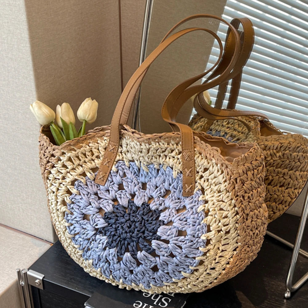 Boho Round Straw Bag with Leather Handles