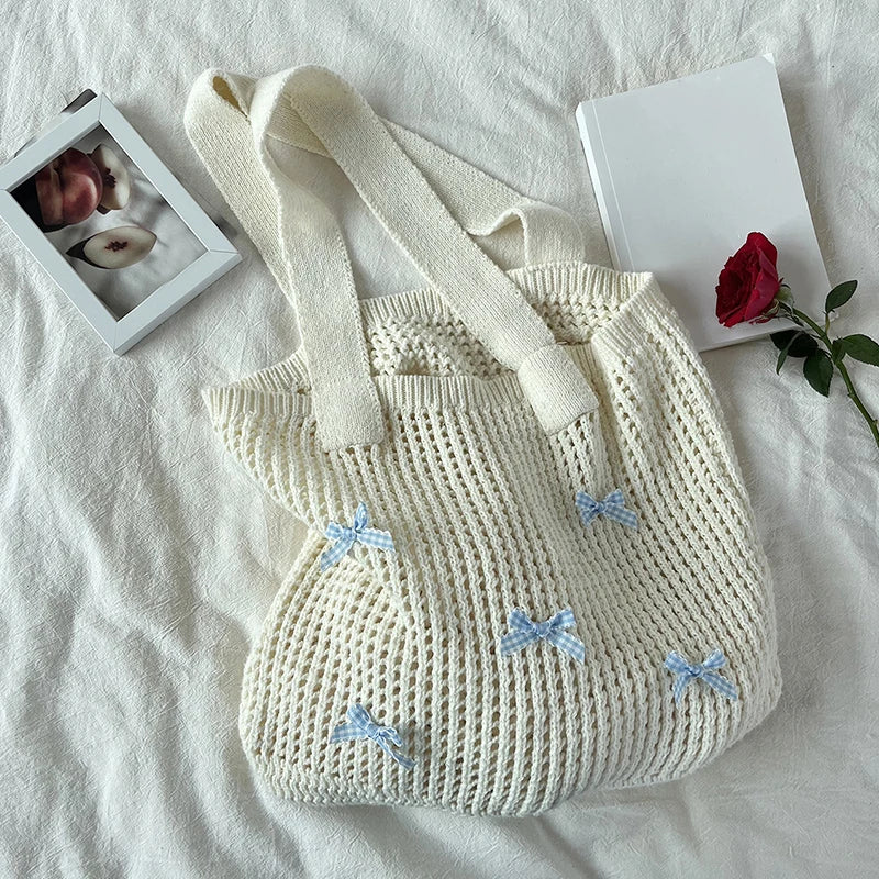 Knitted Handbag with Light Blue Bows
