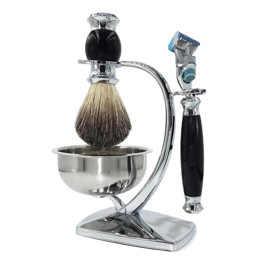 Professional Shaving Kit with Chrome Stand, Badger Hair Brush, Stainless Steel Bowl, and Razor