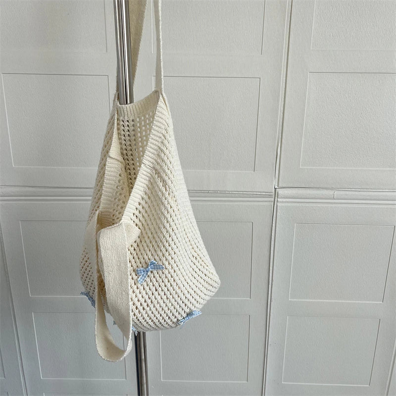 Knitted Handbag with Light Blue Bows