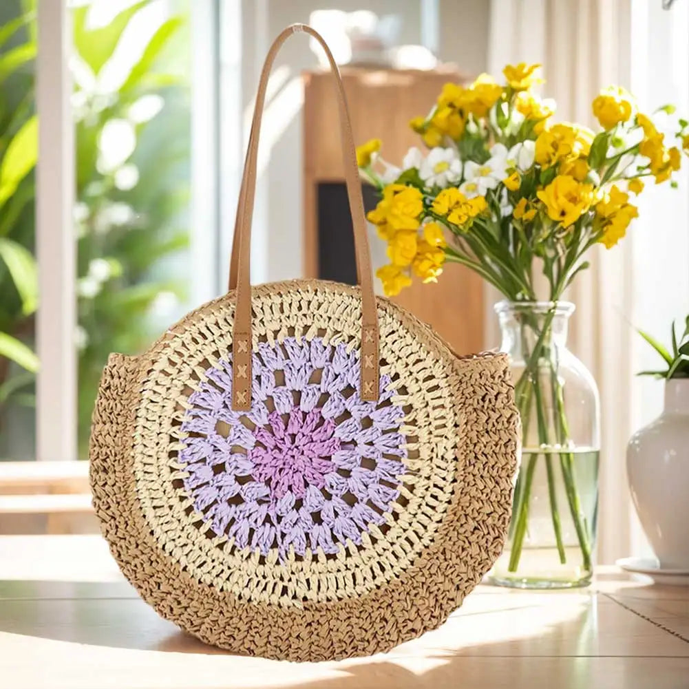 Boho Round Straw Bag with Leather Handles