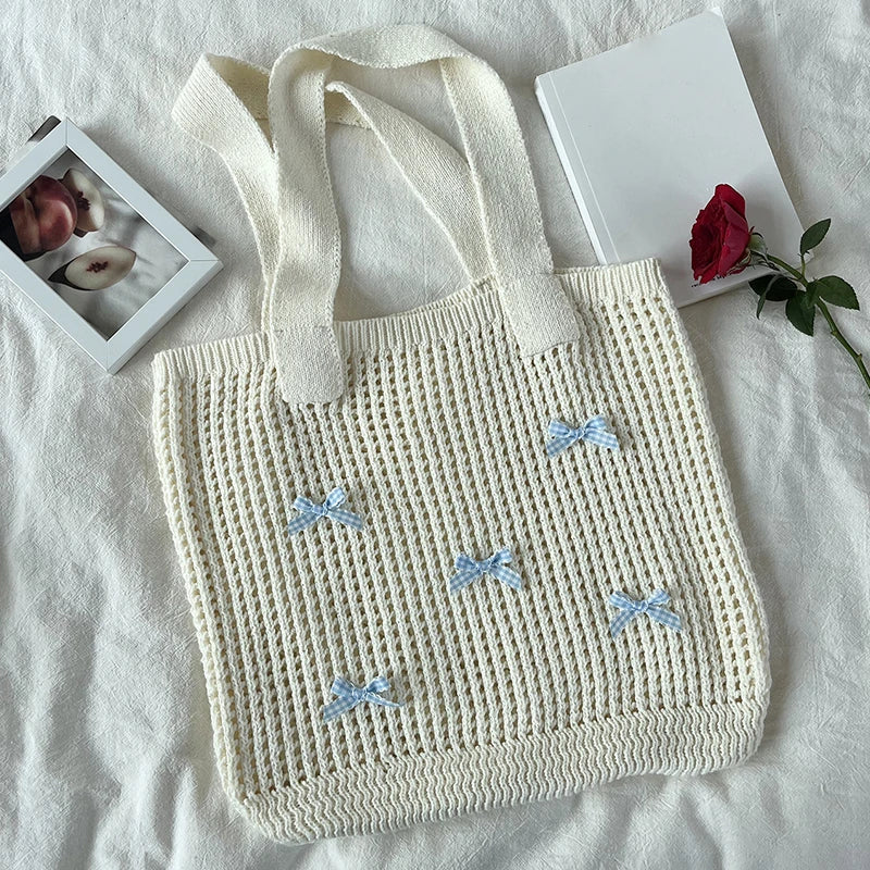 Knitted Handbag with Light Blue Bows