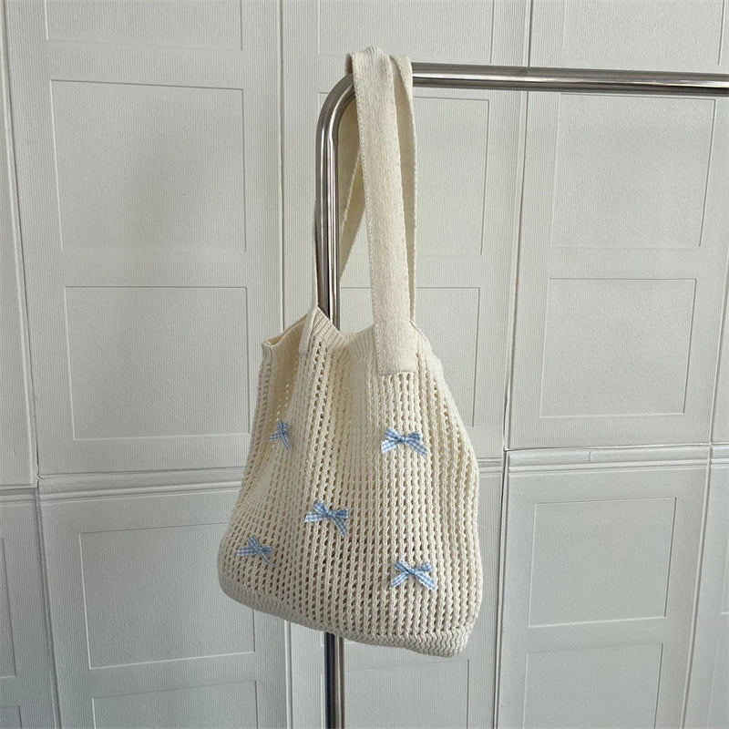 Knitted Handbag with Light Blue Bows