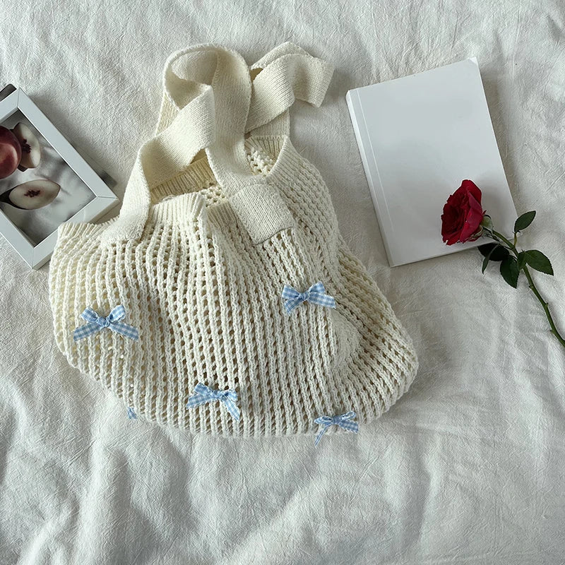 Knitted Handbag with Light Blue Bows