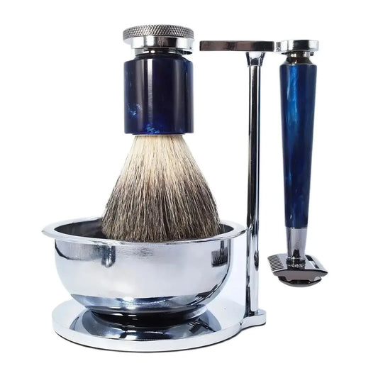 Luxury Shaving Kit with Badger Bristle Brush and Double-Edge Safety Razor, Blue Design with Chrome Details