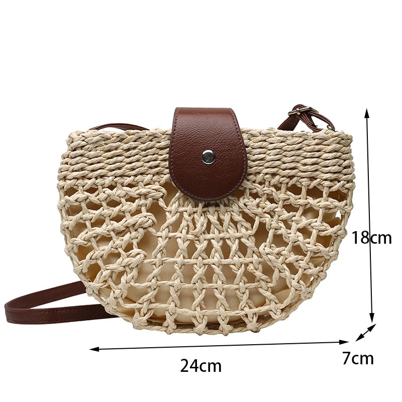 Woven Straw Crossbody Bag with Leather Flap