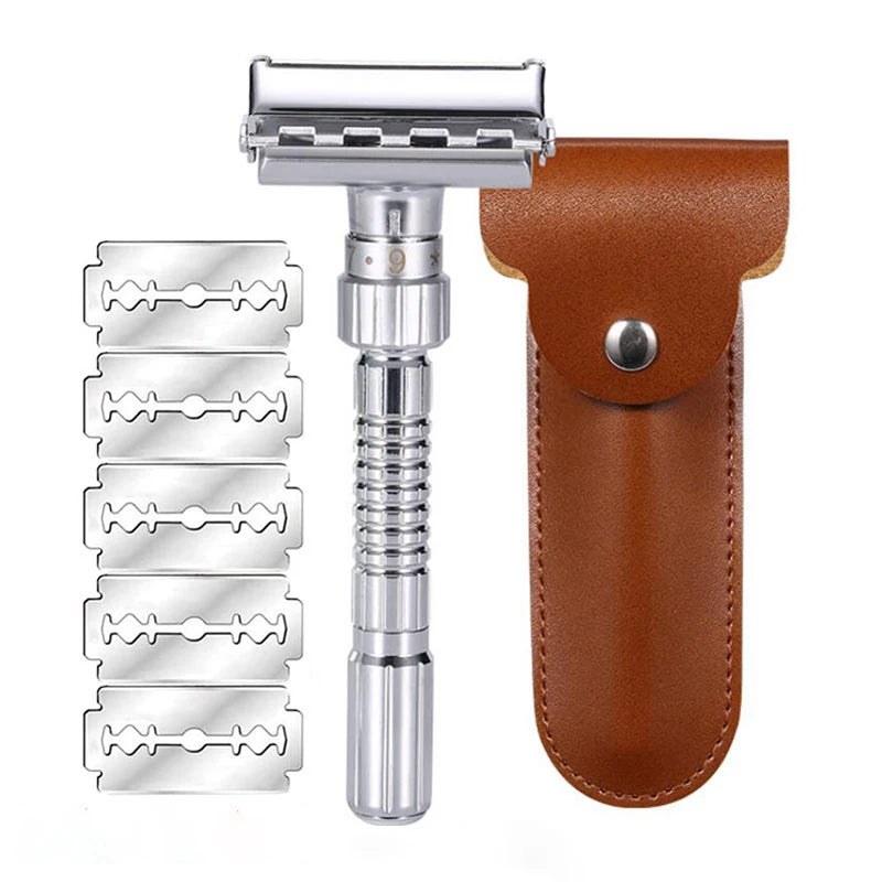 Adjustable Double Edge Safety Razor for Men with Leather Case