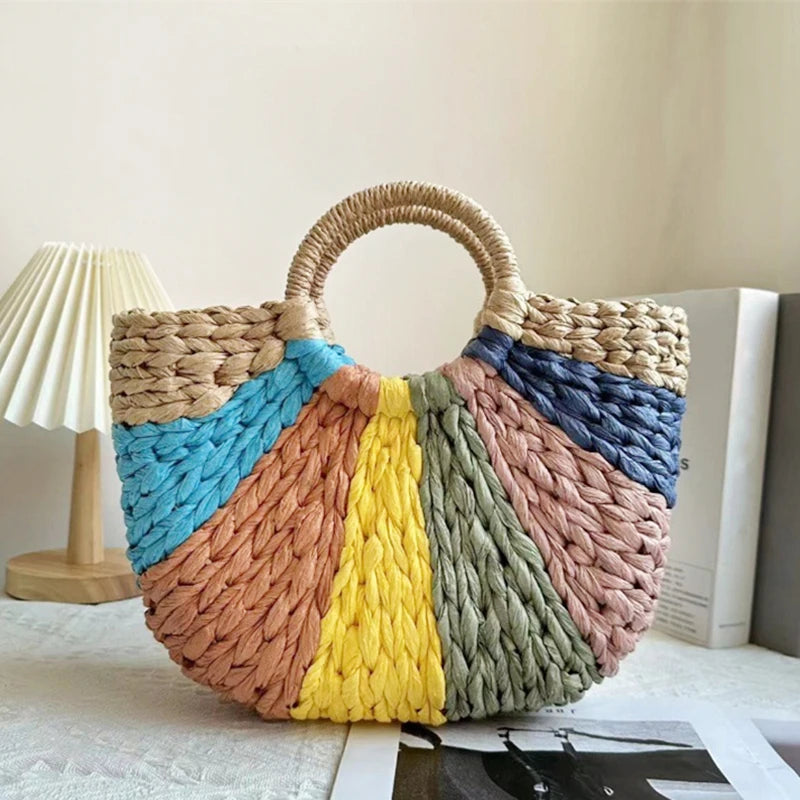 Boho Summer Straw Half-Moon Bag