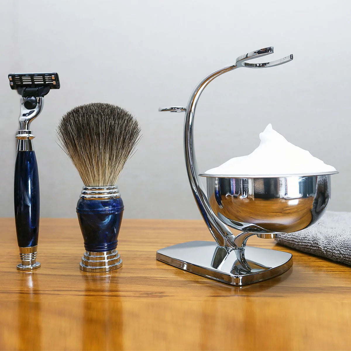 Luxury Shaving Kit with Blue Safety Razor, Natural Bristle Brush, and Elegant Chrome Stand