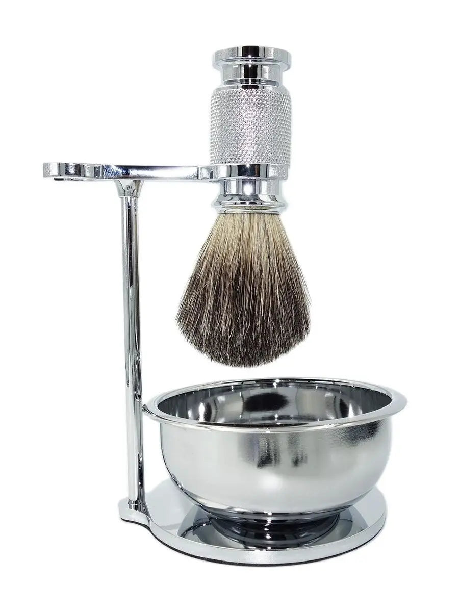 Elegant shaving kit with badger brush, stainless steel bowl, and stand