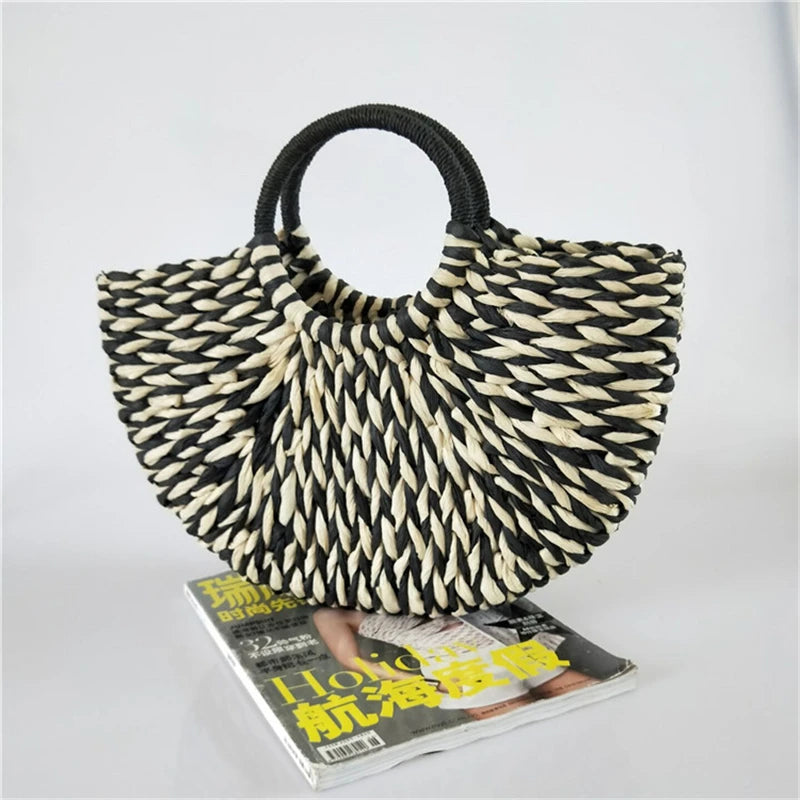 Boho Summer Straw Half-Moon Bag