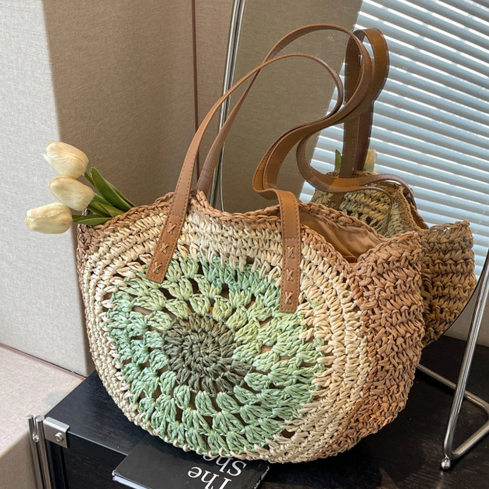Boho Round Straw Bag with Leather Handles