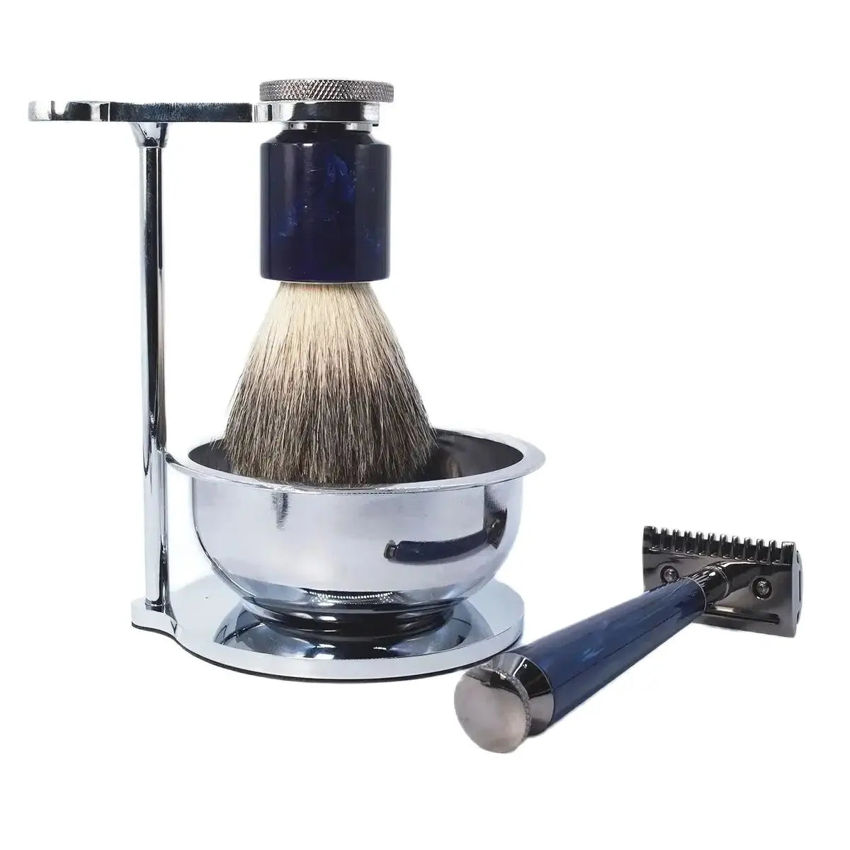 Luxury Shaving Kit with Badger Bristle Brush and Double-Edge Safety Razor, Blue Design with Chrome Details