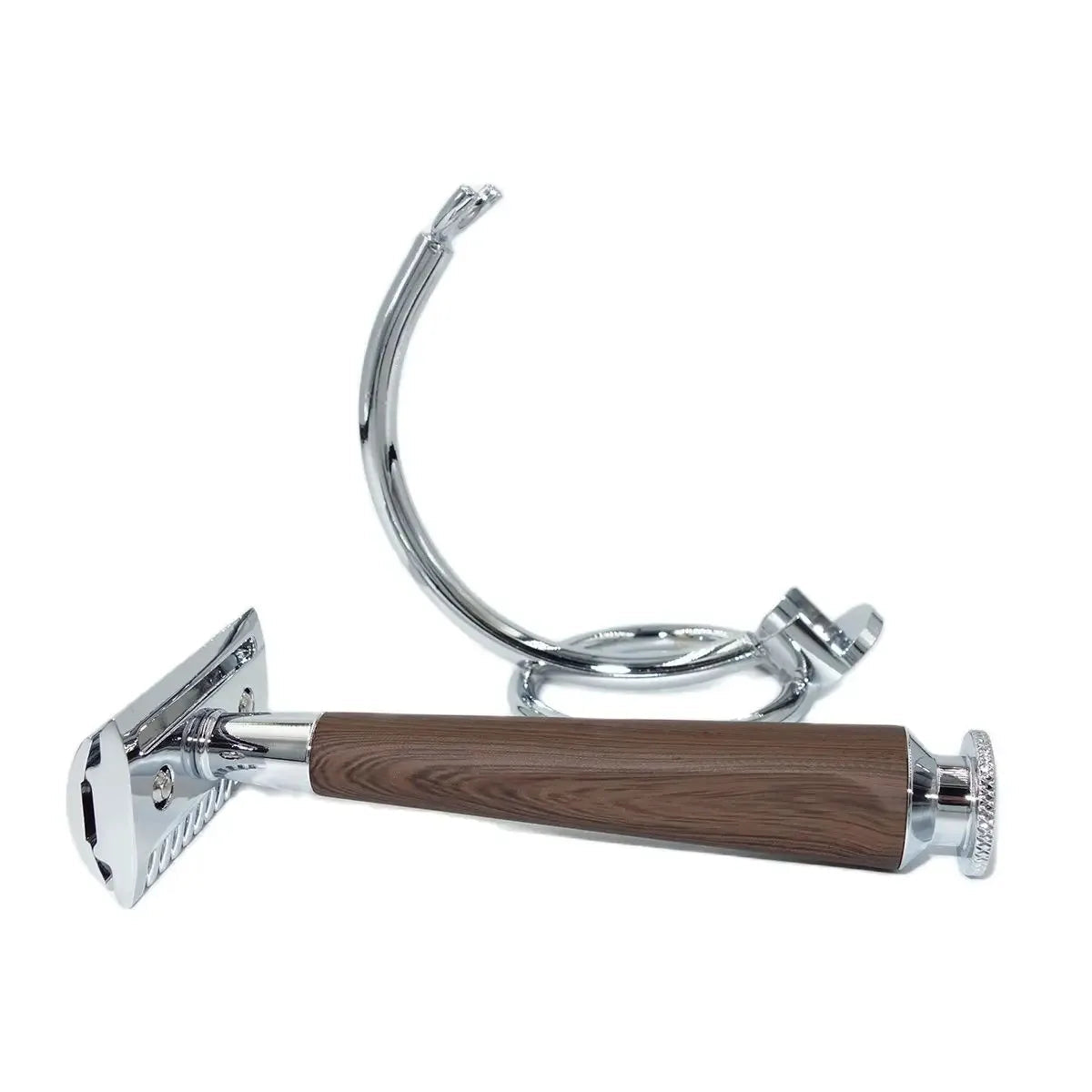 Double Safety Razor with Wooden Handle and Stainless Steel Stand