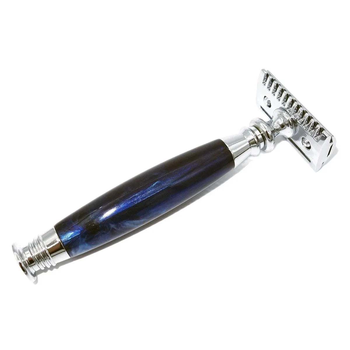 Elegant safety razor in stainless steel with a blue and black resin handle