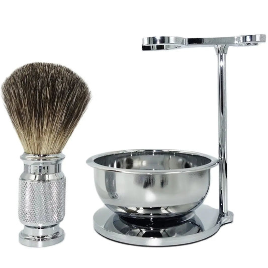 Elegant shaving kit with badger brush, stainless steel bowl, and stand