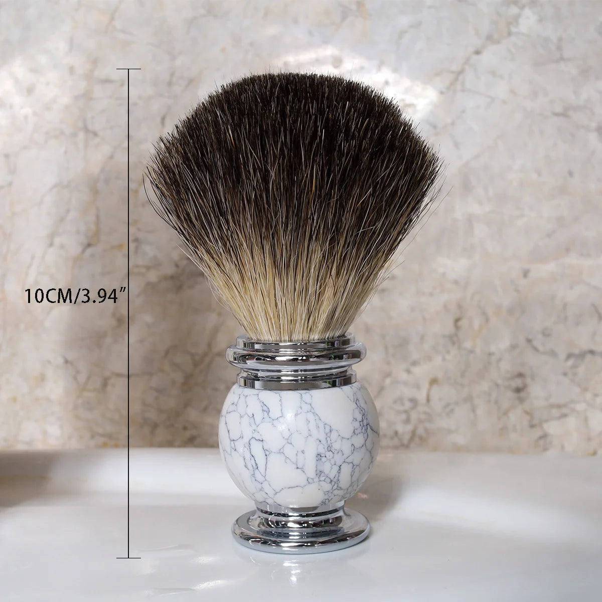 Silver tipped badger shaving brush with white marble handle and chrome finishes