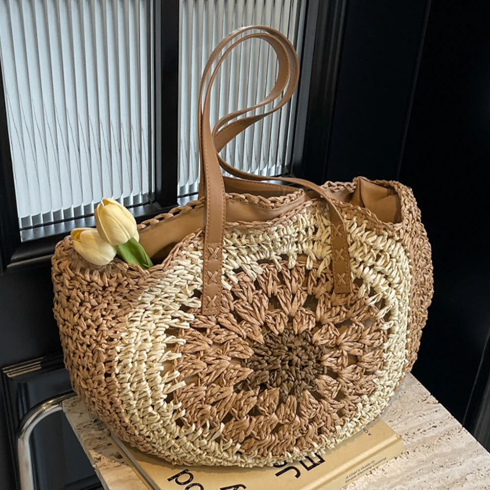 Boho Round Straw Bag with Leather Handles