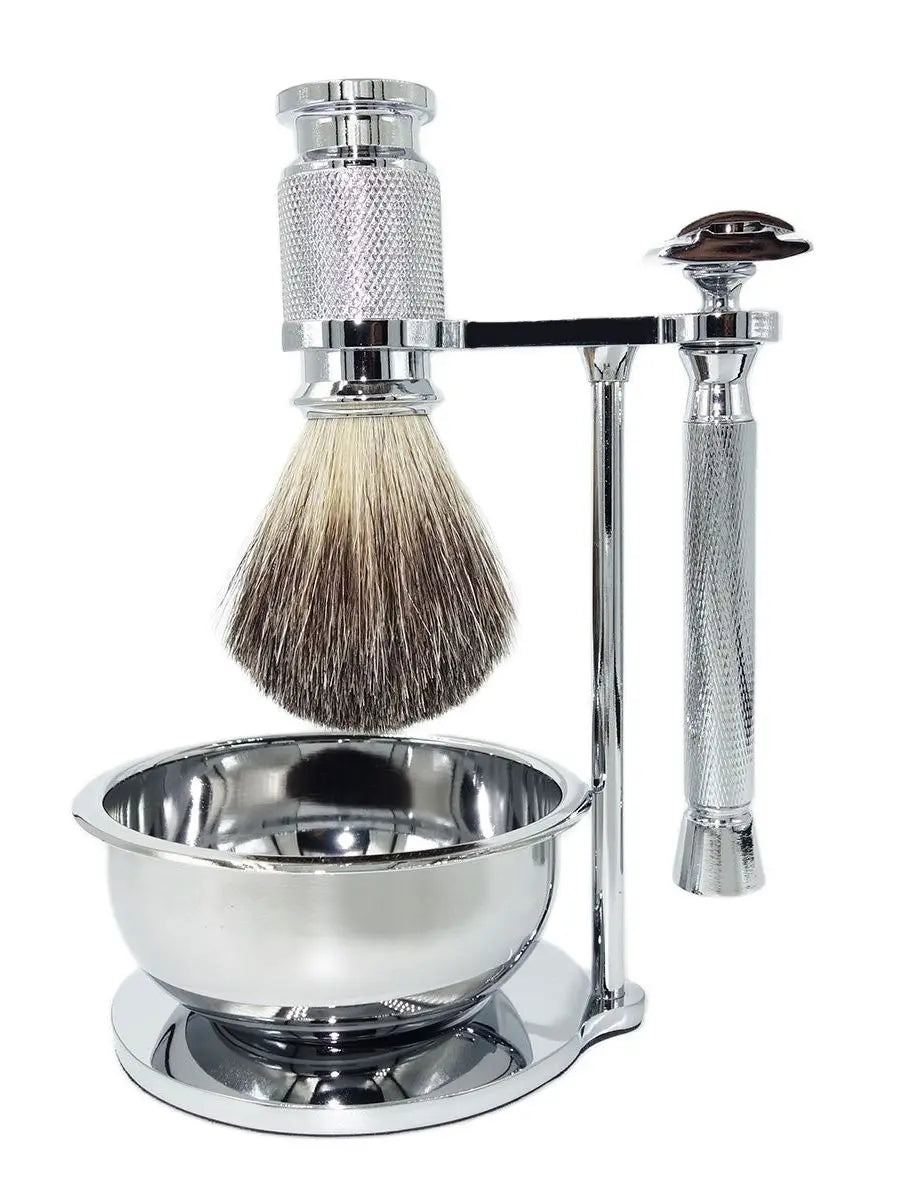 Luxury Shaving Kit with Classic Safety Razor, Precision Brush, and Polished Chrome Stand