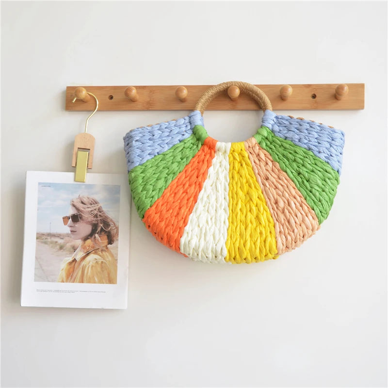 Boho Summer Straw Half-Moon Bag