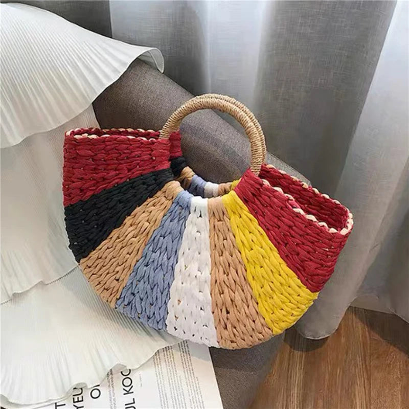 Boho Summer Straw Half-Moon Bag