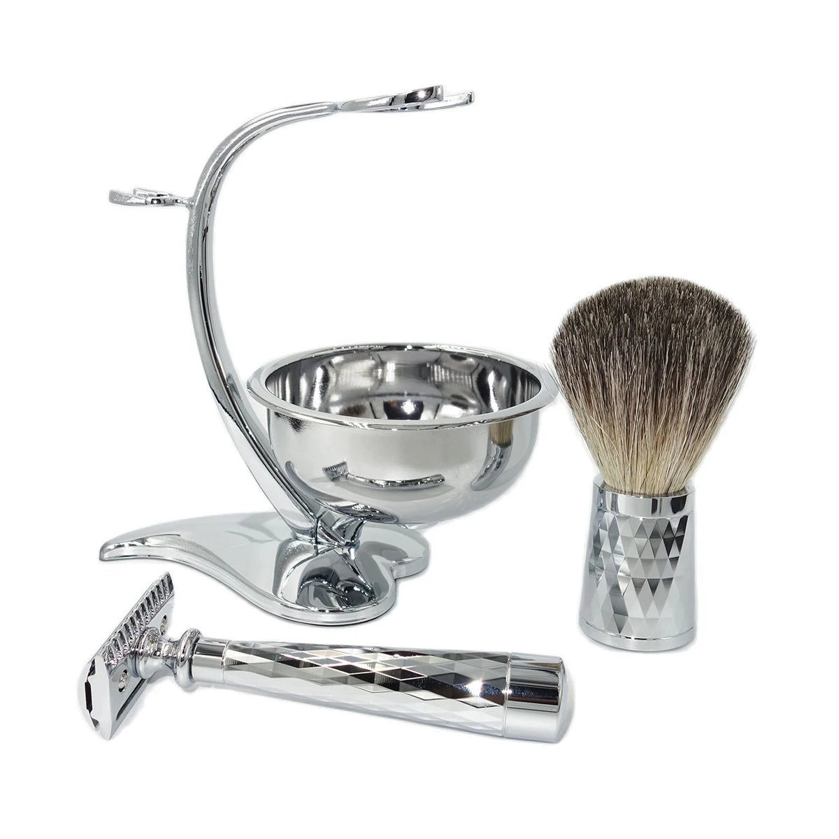Double Edge Safety Razor with Pure Badger Brush and Stainless Steel Stand