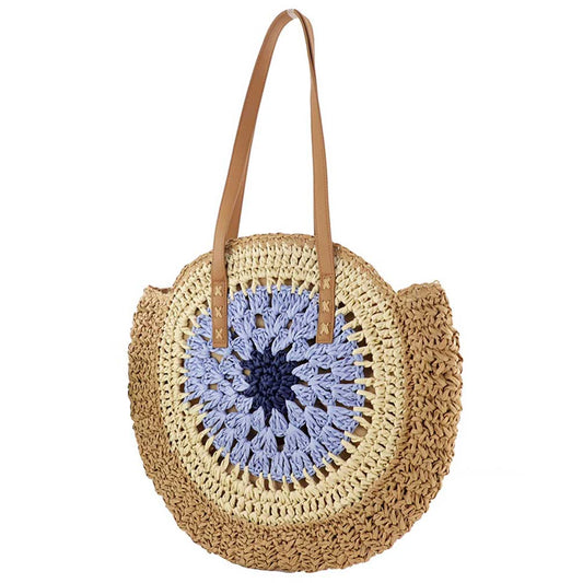 Boho Round Straw Bag with Leather Handles